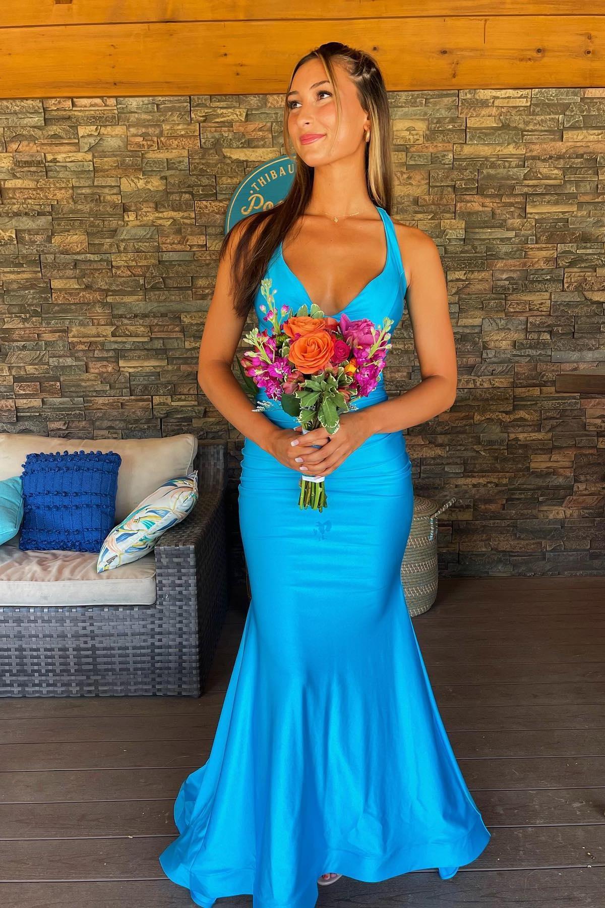 V Neck Blue Mermaid Long Formal Dress