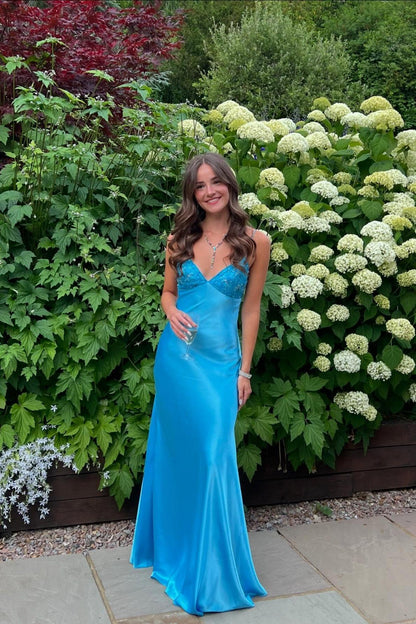 Beaded Blue Soft Satin Sheath Long Dress