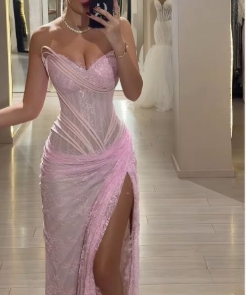 Pink Lace Mermaid Prom Dresses Senior Party Dress,AST2325