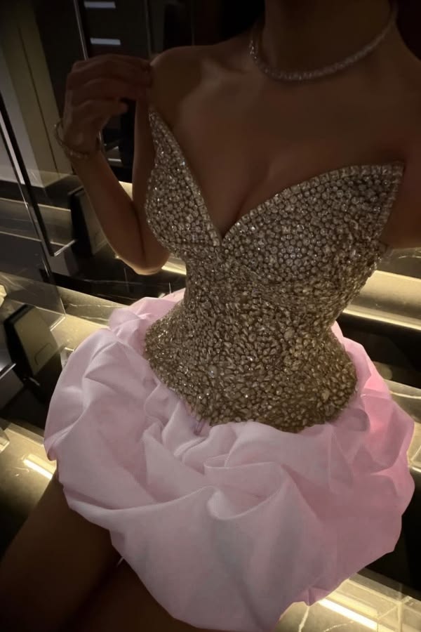 Radiant Sleeveless Rhinestone V-Neck Mini Homecoming Prom Dress With Pleated