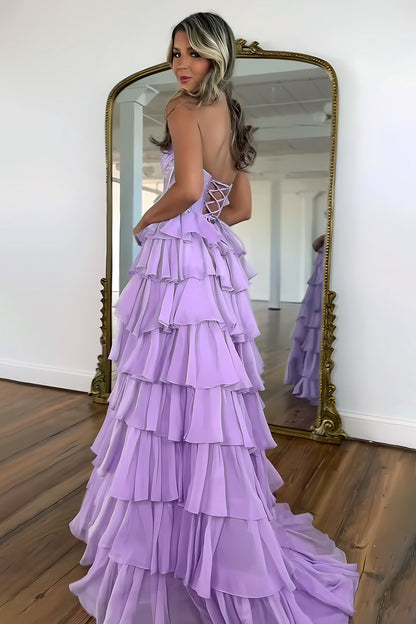 Dark Blue Strapless A Line Prom Dress with Sparkly Layered Chiffon and Side Slit