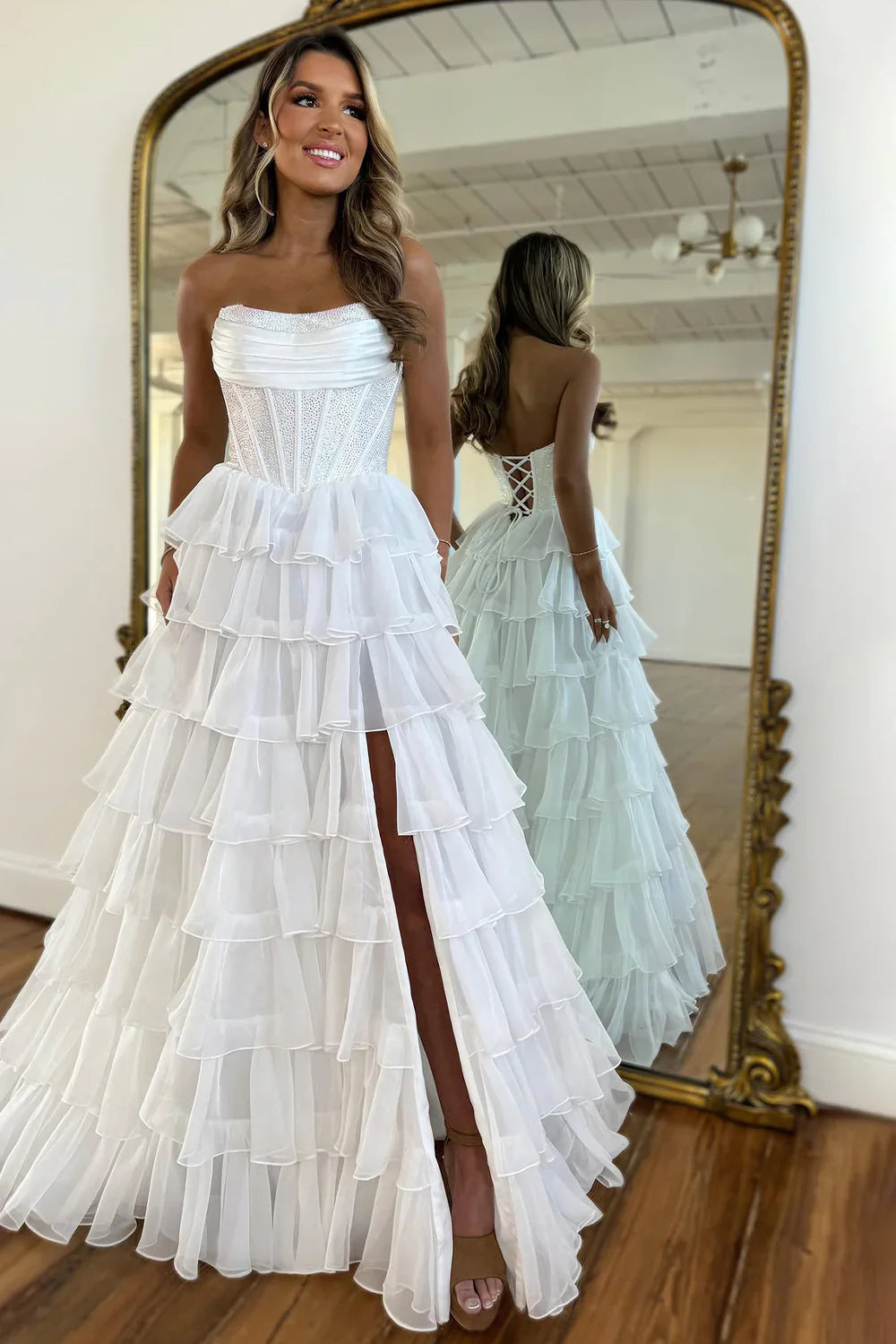 Gorgeous A Line Strapless Daffodil Tiered Chiffon Prom Evening Dresses with Hot Stone