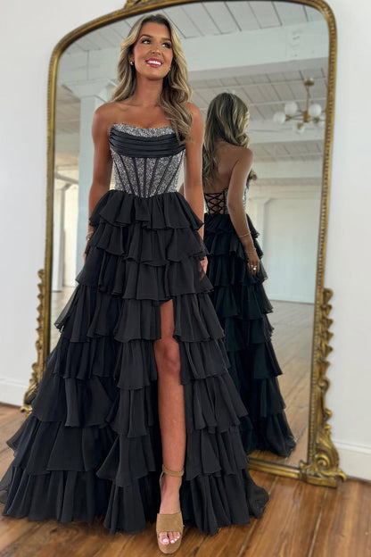 Dark Blue Strapless A Line Prom Dress with Sparkly Layered Chiffon and Side Slit