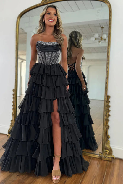 Gorgeous A Line Strapless Daffodil Tiered Chiffon Prom Evening Dresses with Hot Stone