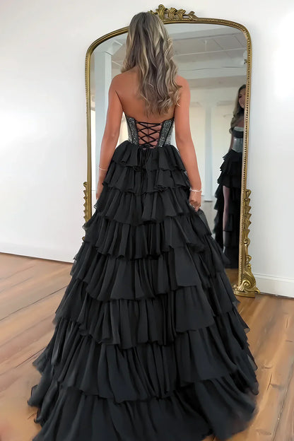 Gorgeous A Line Strapless Daffodil Tiered Chiffon Prom Evening Dresses with Hot Stone