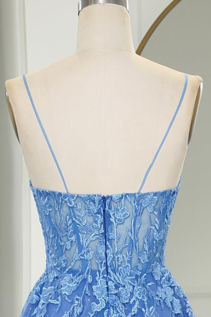 Straps Blue Lace Appliques A-line Long Formal Dress