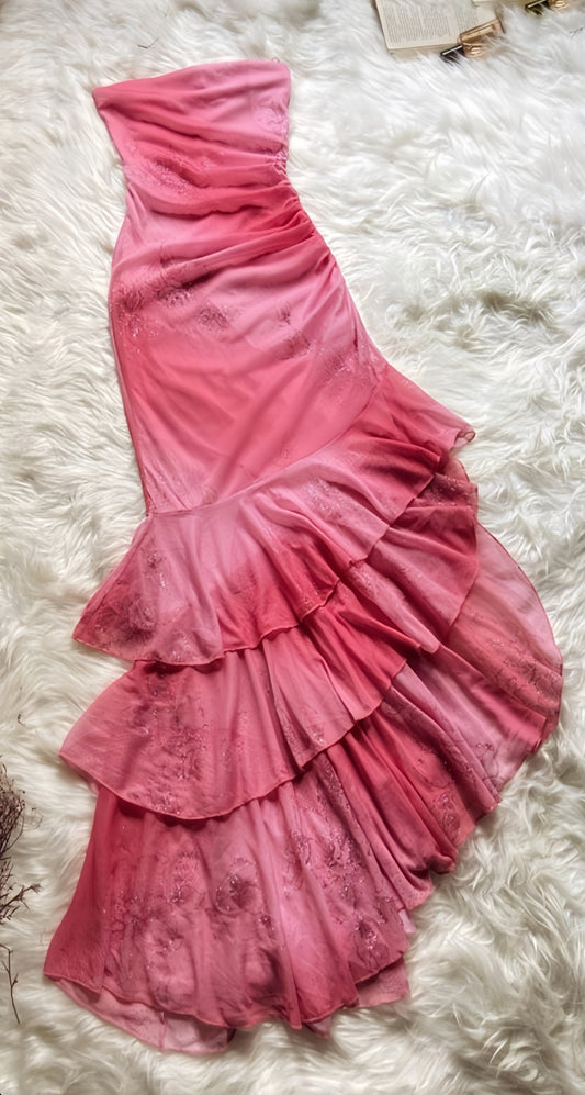Strapless Pink Chiffon Party Dresses Appliques Ruffle Evening Formal Gown,AST1972