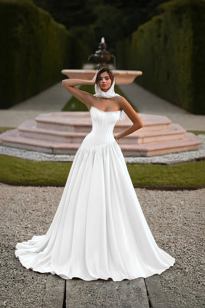 Elegant Baby Blue Strapless Prom Dress Sleeveless A-Line Floor Length Satin