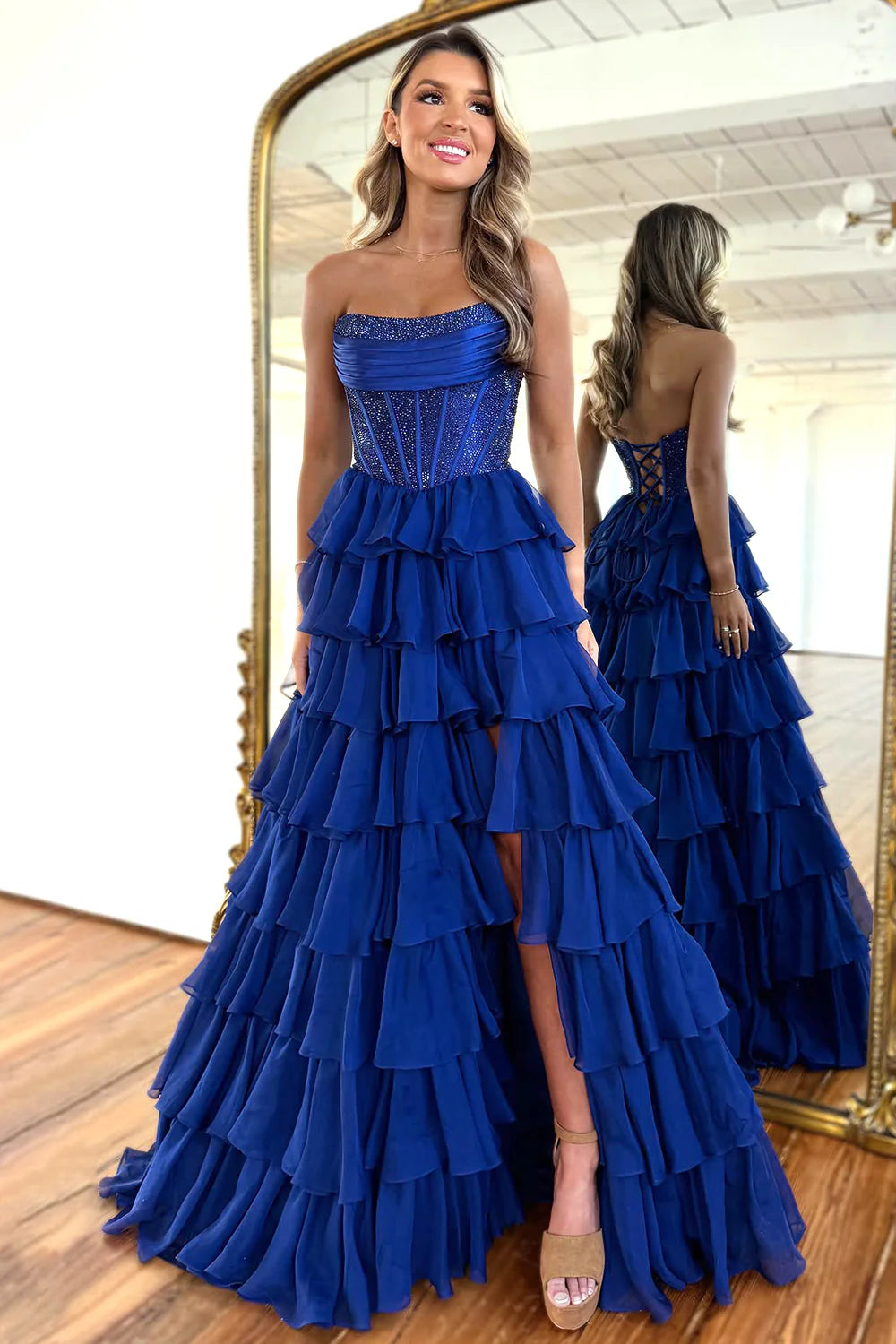Gorgeous A Line Strapless Daffodil Tiered Chiffon Prom Evening Dresses with Hot Stone