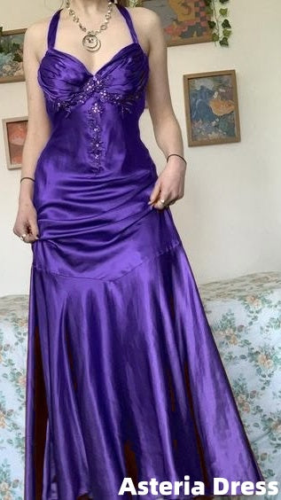 Halter A-Line Satin Long Prom Dress Vintage Formal Party Dress