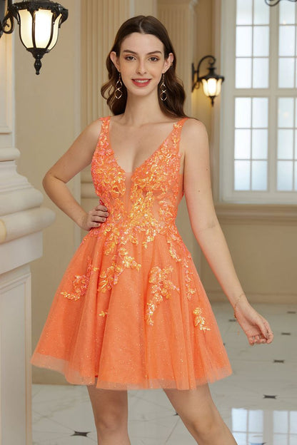 Sequined V Neck Backless Short Homecoming Dress, AST1074