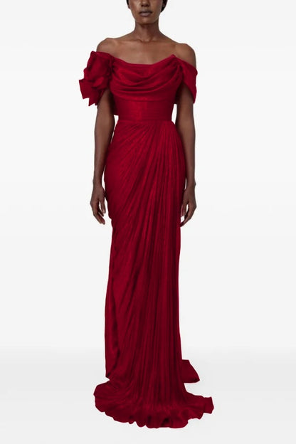 Sophisticatedff-the-Shoulder Prom Dress Sleeveless Pleated with Flower