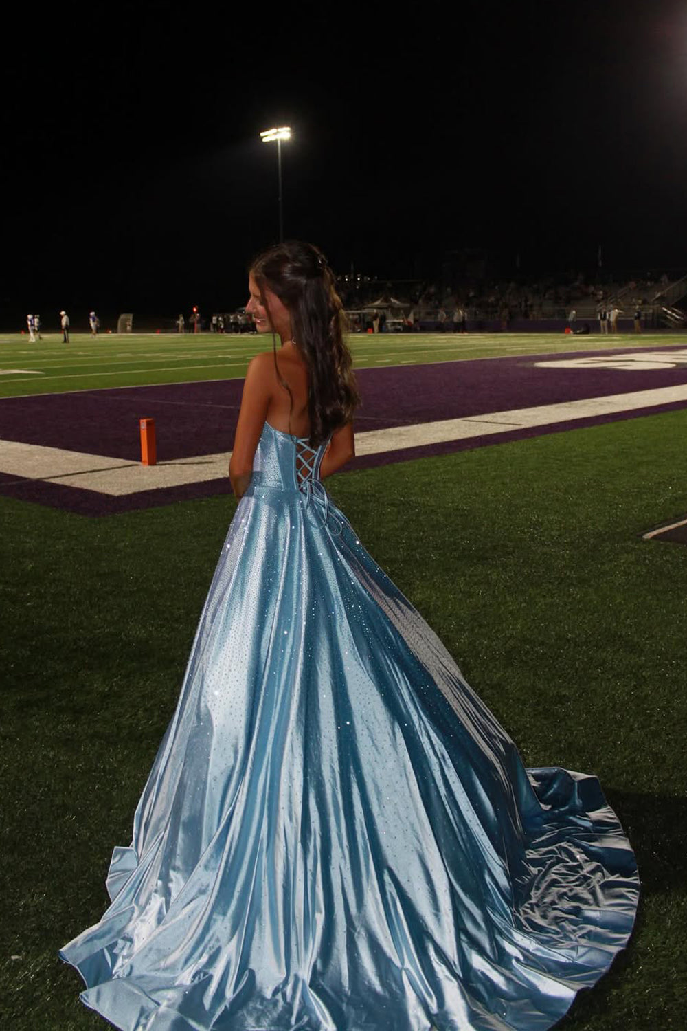 Gorgeous A Line Scoop Neck Light Blue Satin Long Prom Dress with Rhinestones