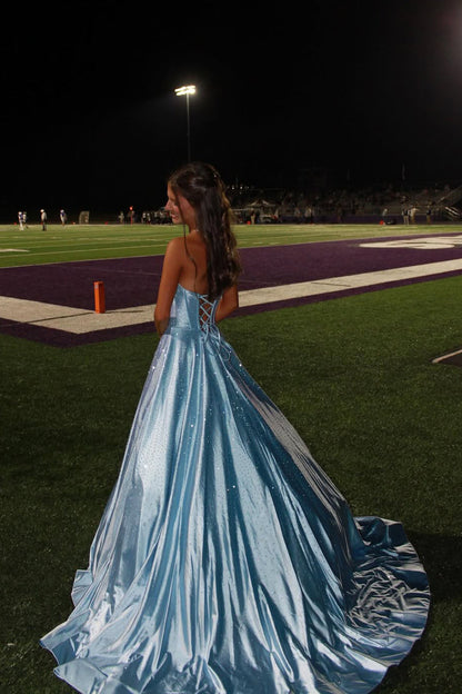 Gorgeous A Line Scoop Neck Light Blue Satin Long Prom Dress with Rhinestones