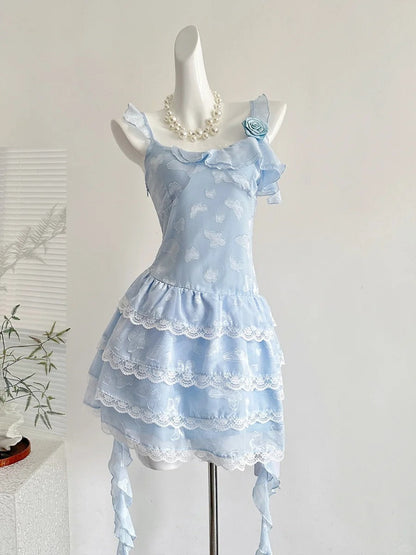 Sweet Light Blue Cake Skirt Multi-layer Lace Chiffon Short 16th Birthday Homecoming Dress