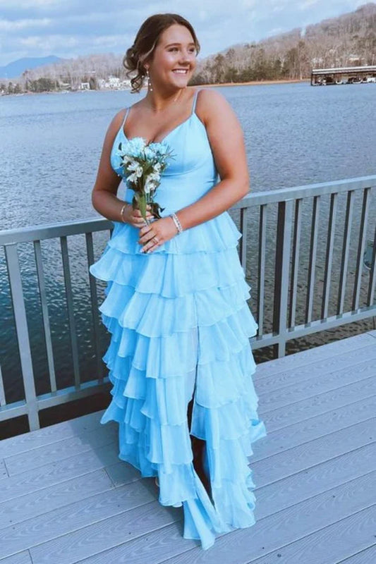 Light Blue Straps Ruffle A-Line Long Prom Dress with Slit,AST1247