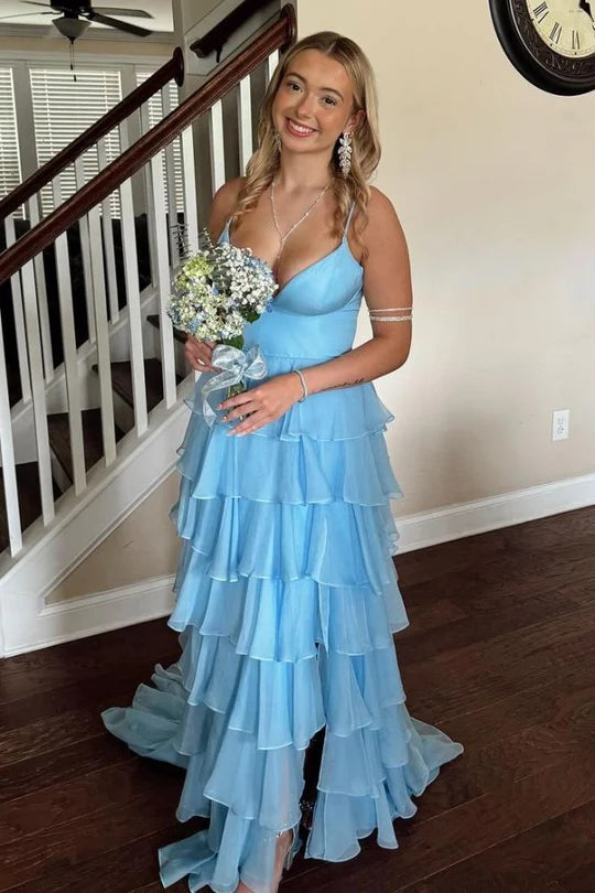 Light Blue Straps Ruffle A-Line Long Prom Dress with Slit,AST1247