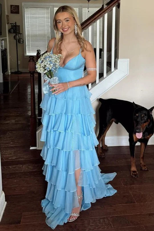 Light Blue Straps Ruffle A-Line Long Prom Dress with Slit,AST1247