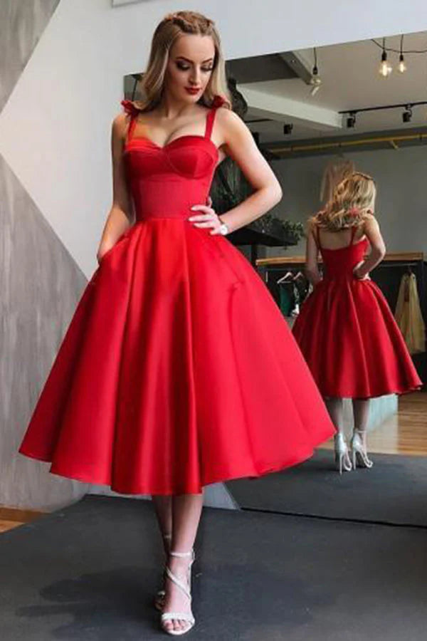 Midi Red Sweetheart Spaghetti Straps A Line Homecoming Dresses,AST1261