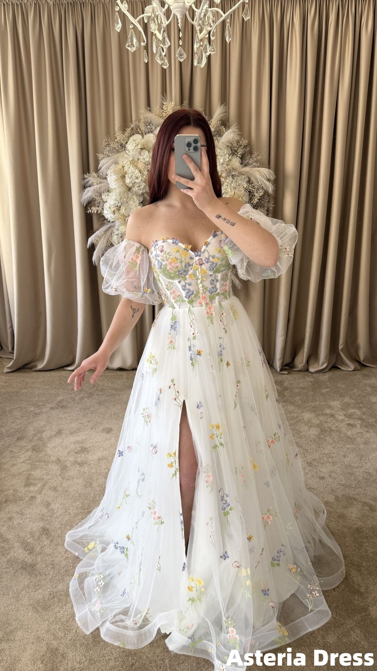 Elegant White Floral A-Line Tulle Prom Dress Long Evening Dresses