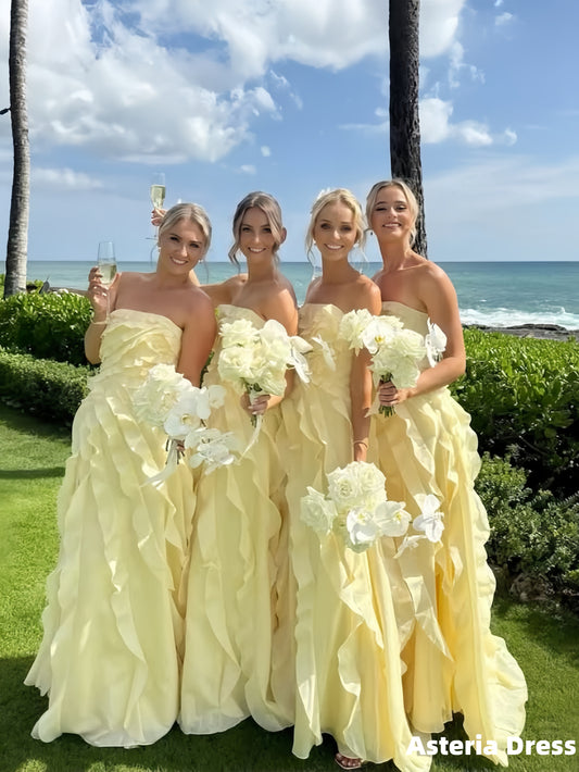 Yellow Strapless Chiffon Ruffle Bridesmaid Dress