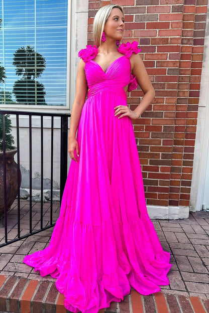 Ruffles Fuchsia Chiffon A-line Boho Dress