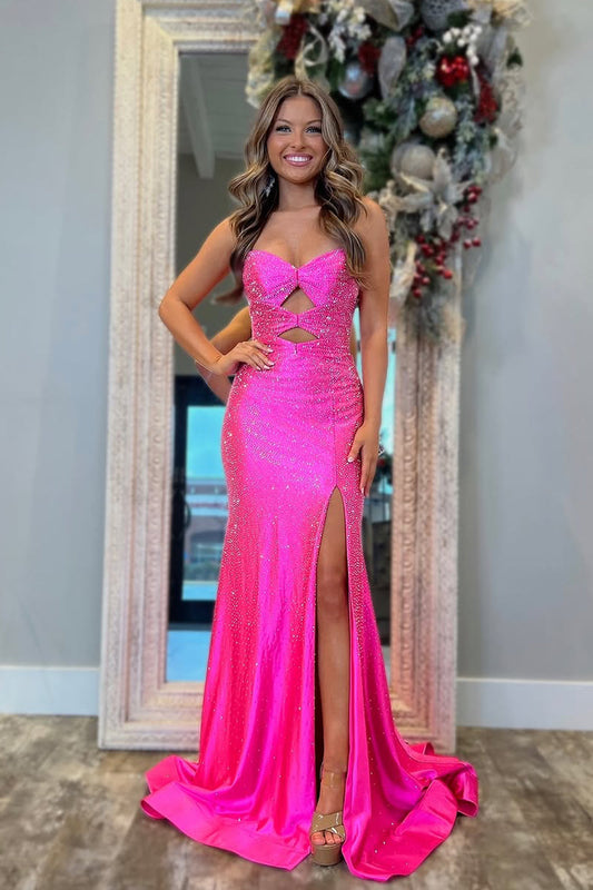 Cute Mermaid Sweetheart Keyhole Pink Satin Long Prom Dress with Sit