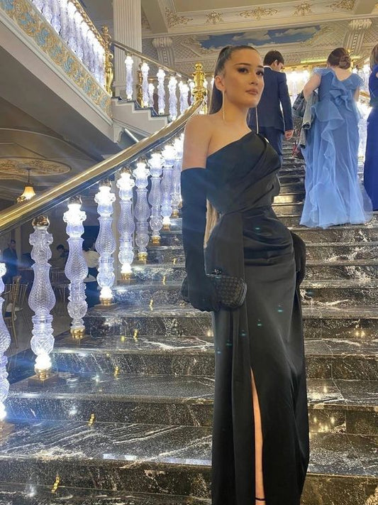 Sexy Mermaid One Shoulder Long Black Slit Prom Dress,AST1231