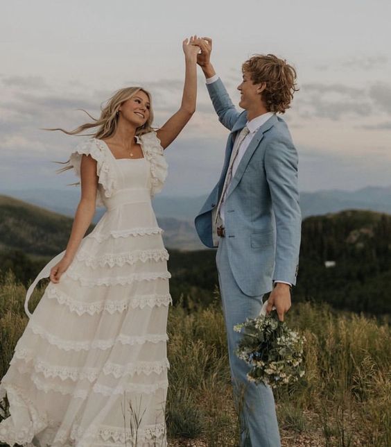 A Line Wedding Dress Long Square Neck Boho Bridal Dresses,AST1207