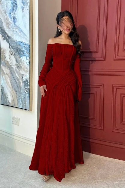 Lovely White Off-the-Shoulder Prom Dress Long Sleeves with Pleated