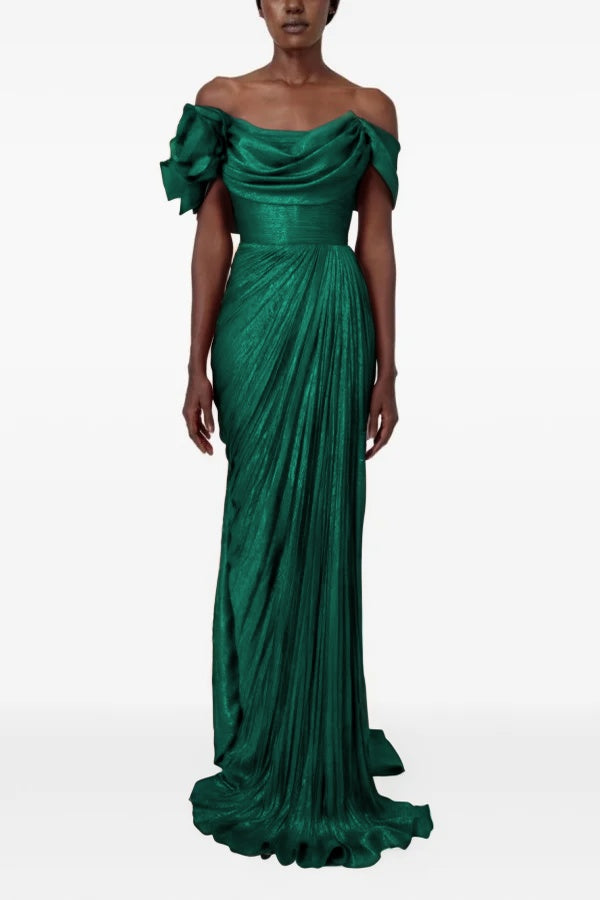 Sophisticatedff-the-Shoulder Prom Dress Sleeveless Pleated with Flower