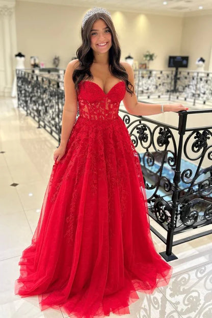 Red Strapless Applique A-Line Tulle Prom Dress,AST1232