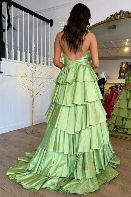 Green Halter Ruffle A-Line Long Prom Dress with Slit,AST1244