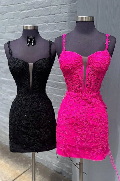 Fuchsia Spaghetti Straps Applique Tight Homecoming Dress, AST1165