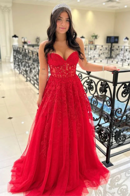 Red Strapless Applique A-Line Tulle Prom Dress,AST1232