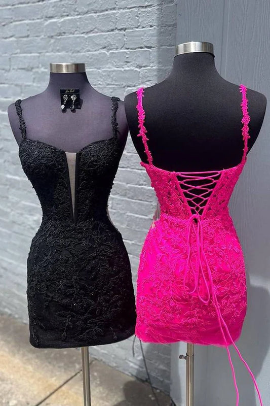 Fuchsia Spaghetti Straps Applique Tight Homecoming Dress, AST1165