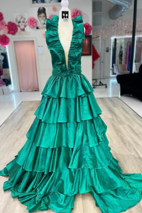 Green Halter Ruffle A-Line Long Prom Dress with Slit,AST1244