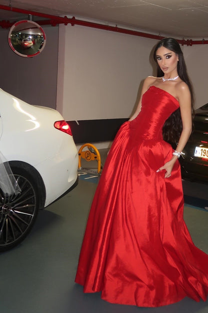Beauty A Line Strapless Red Satin Long Prom Dress with Ruched