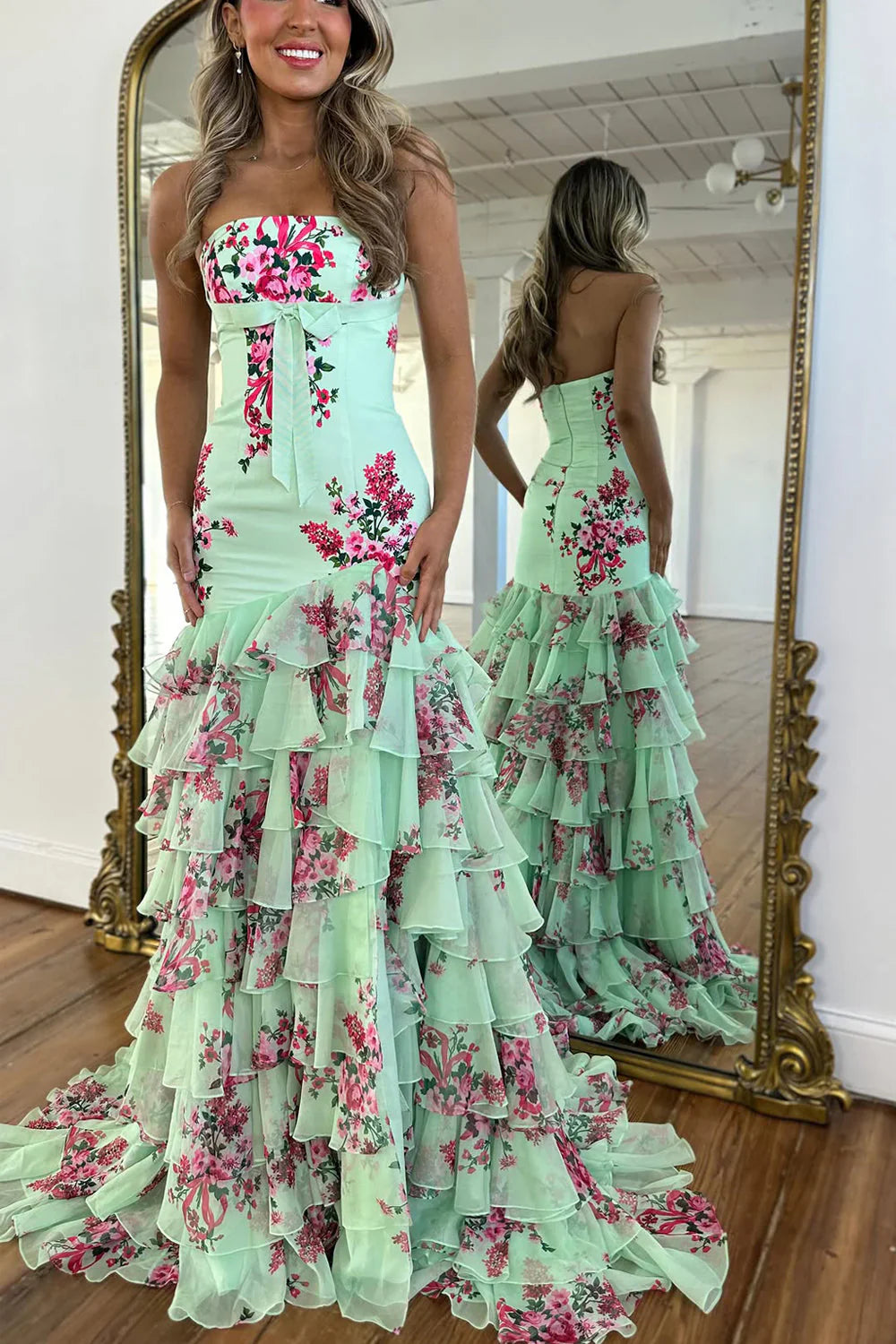 Cute Mermaid Sweetheart Blue White Floral Chiffon Prom Dress