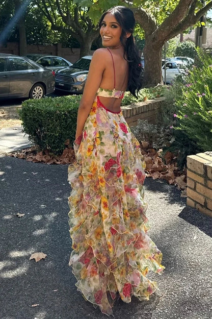 Chic A Line Spaghetti Straps Blue Floral Printed Long Party Dress