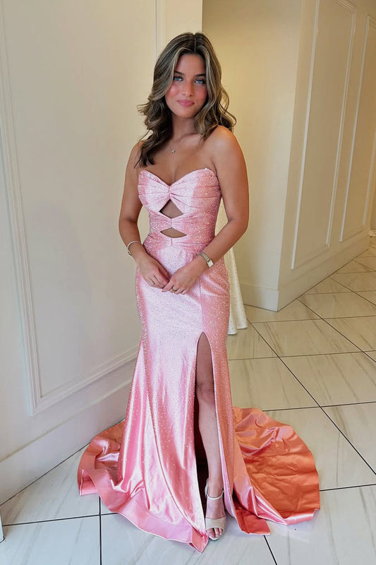 Cute Mermaid Sweetheart Pink Slit Prom Dress with Beading