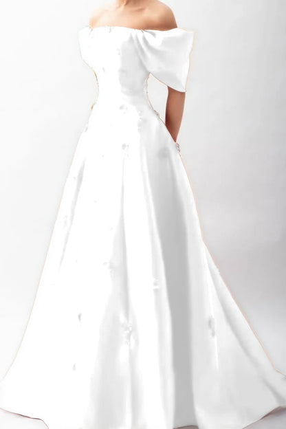 Stunningff-the-Shoulder Prom Dress Sleeveless A-Line Beaded with Flower