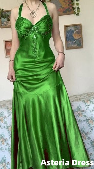 Halter A-Line Satin Long Prom Dress Vintage Formal Party Dress