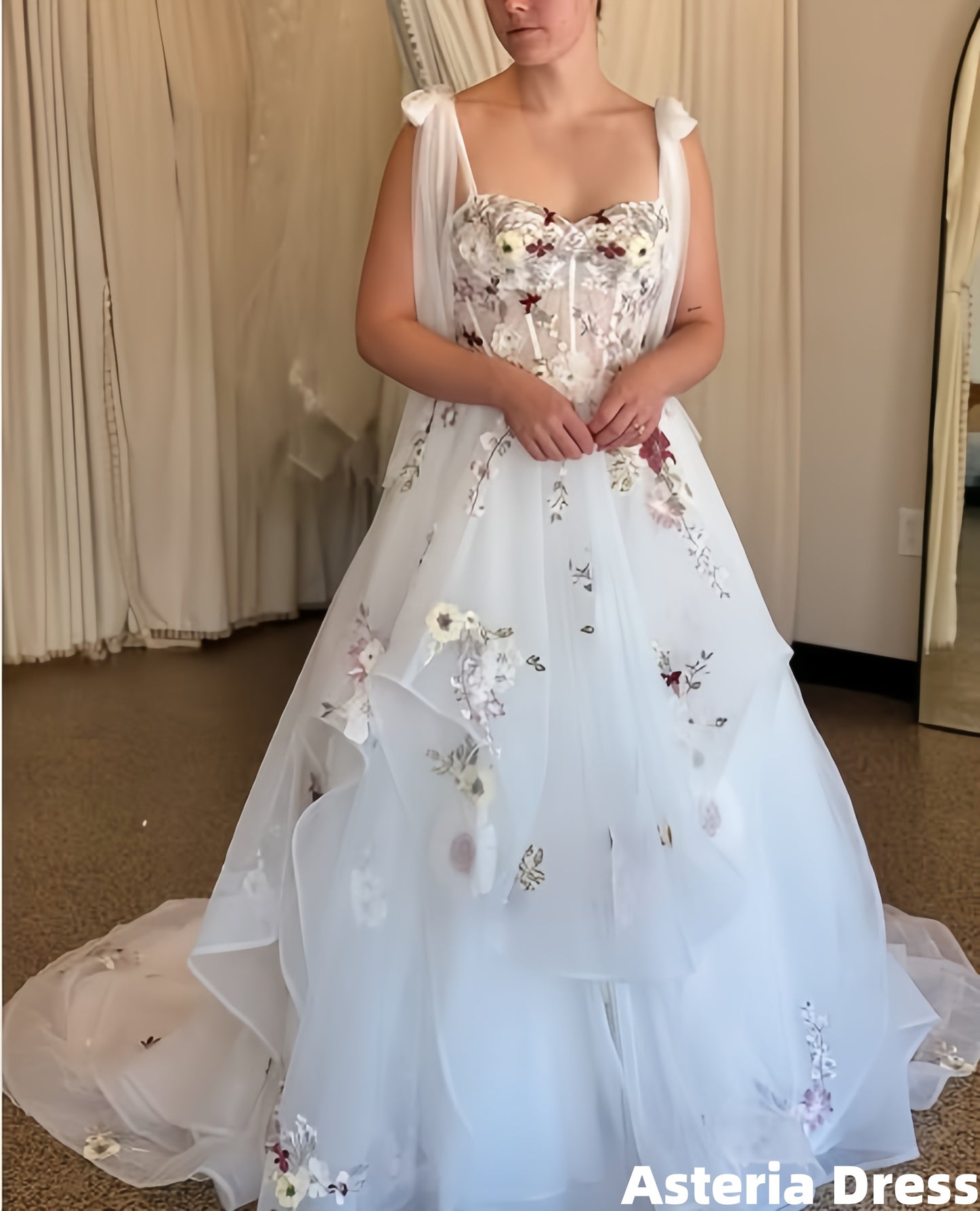 Off The Shoulder White Floral A-Line Long Prom Dress With Train