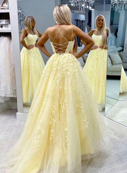 Hot Yellow Tulle Lace Long Prom Dress - Party Evening Gown