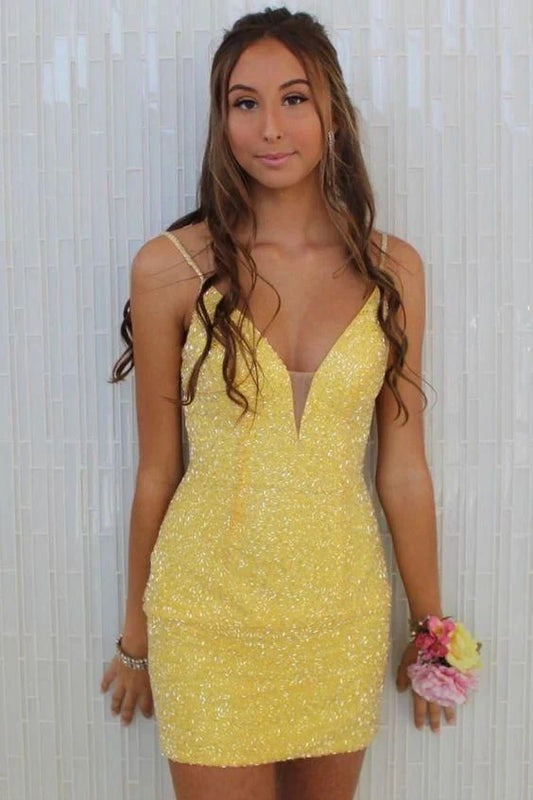 Tight Yellow Beaded Short Homecoming Dress,AST1287