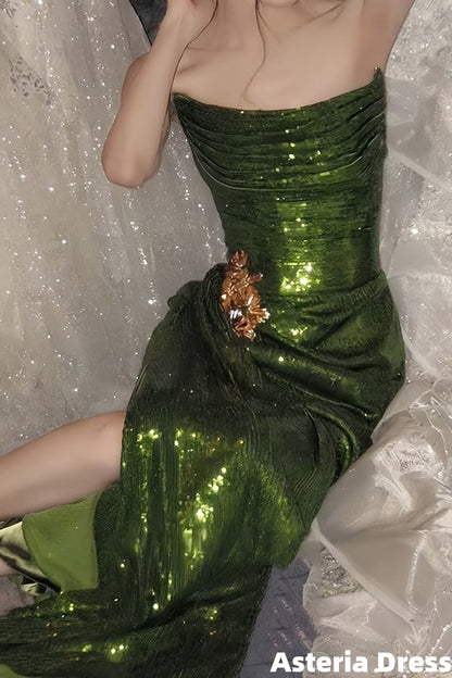 Classic Green Strapless Mermaid Prom Dress Sequins Evening Formal Gown With Slit