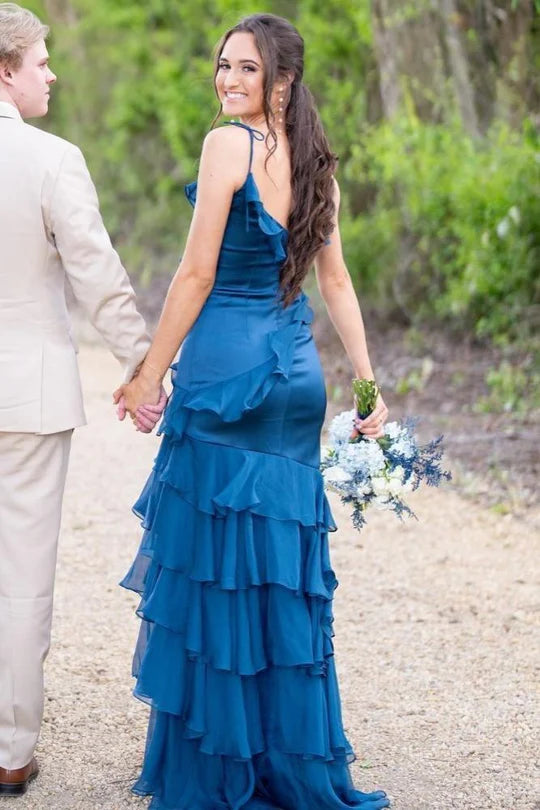 Emerald Green V-Neck Ruffle Long Prom Dress with Slit,AST1241