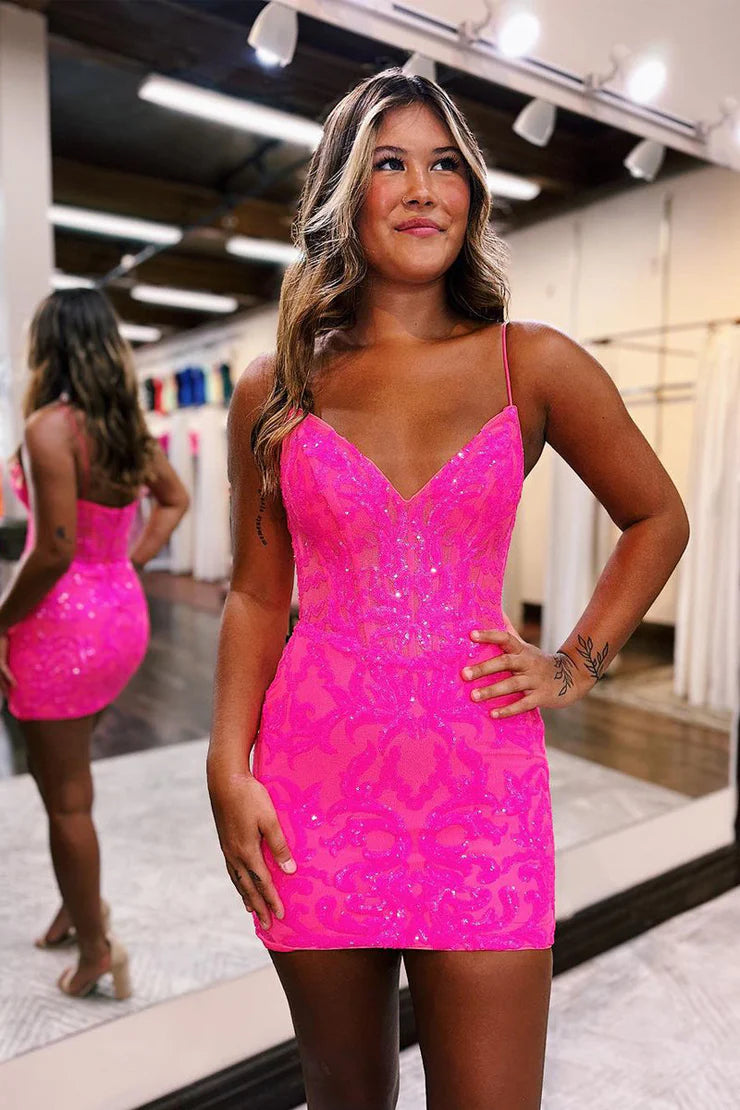 Cute Bodycon V Neck Hot Pink Sequins Short Homecoming Dresses , AST1145