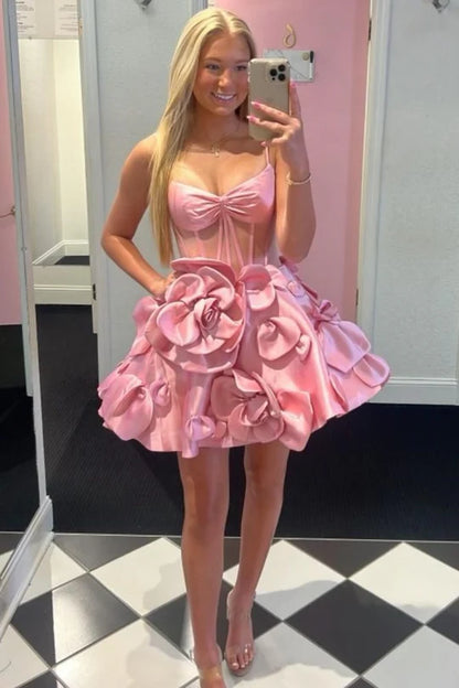 Pink Spaghetti Straps A-Line Homecoming Dress with 3D Floral, AST1132